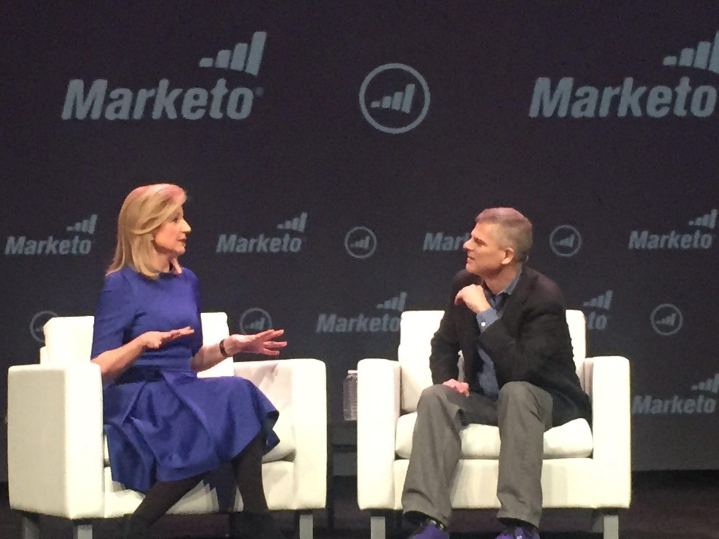 Arianna Huffington in a fireside conversation on the Marketing Nation Summit stage